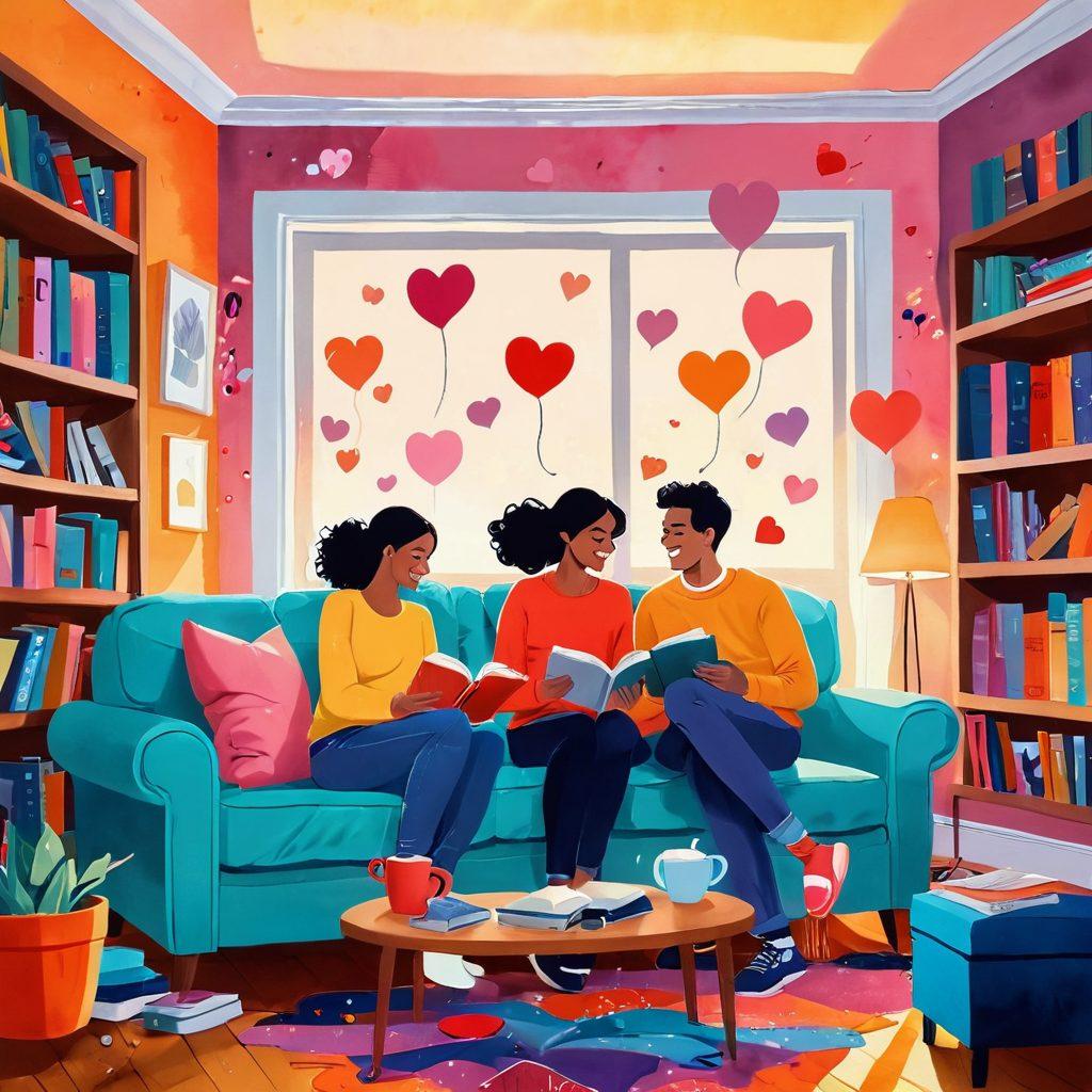 A whimsical and colorful illustration of a playful couple sharing a light-hearted moment in a cozy living room filled with intimate media, like books and playful art. The atmosphere is vibrant, with soft lighting highlighting their joyful expressions and laughter. Add playful elements like floating hearts and abstract shapes to enhance the sense of humor and sensuality. Artistic style should be bright and cheerful, blending cartoon and surreal elements with a dreamy background. vibrant colors. playful style. surreal art.