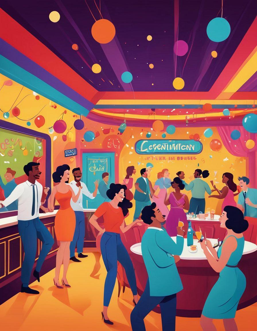 A whimsical, colorful scene featuring playful silhouettes of adults enjoying various forms of entertainment, such as comedy clubs, dance, and intimate gatherings. Include elements of laughter like cartoonish speech bubbles with laughter emojis, vibrant party decorations, and hints of playful mischief in the background. Emphasize a joyful and carefree atmosphere, with bright colors and lively expressions to evoke a sense of pleasure and joy. cartoon style. vibrant colors. energetic composition.