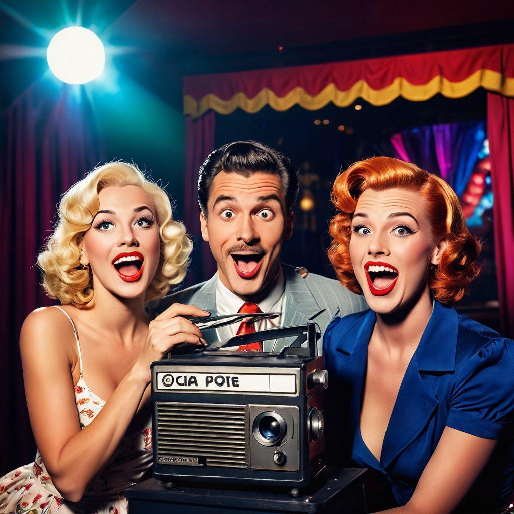 A whimsical scene depicting a vintage adult film set turned into a comedy stage, featuring colorful props, exaggerated expressions on actors' faces, and playful lighting. Include a film projector casting shadows of laughter and fun, blending elements of cheekiness with joy. The background should hint at both retro aesthetics and vibrant entertainment. cartoon style. vibrant colors. playful tone.